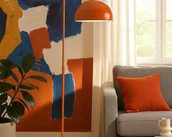 Pomarańczowo-czerwona lampa podłogowa w kształcie łuku w stylu Mid-Century Modern z regulowanym kloszem kopułowym