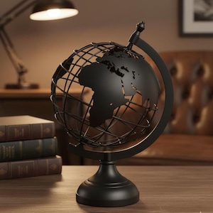 Globo terráqueo de metal negro / Decoración de escritorio industrial, estilo vintage