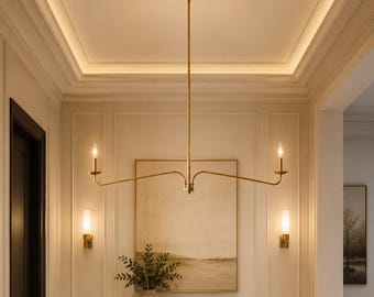 Handmade Brass Candle Chandelier | Modern Linear Gold Pendant Light | Elegant Contemporary Lighting for Dining Room & Living Room
