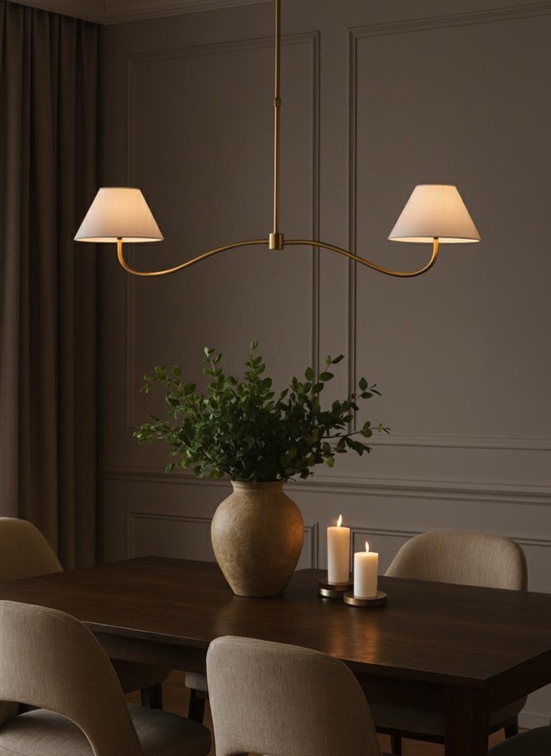 Mid Century Modern Brass Linear Chandelier With Fabric Shades – Dining ...