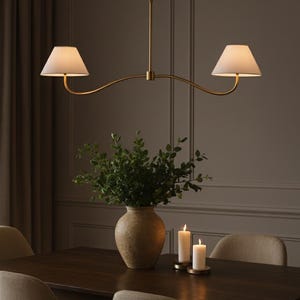 Moderne moderne koperen lineaire kroonluchter uit het midden van de eeuw met stoffen kappen - Verlichtingsarmatuur eetkamer