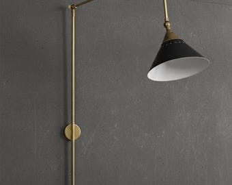 Italian Brass Swing Arm Sconce, Bedside Reading Wall Lamp, Adjustable Plug In Light, Mid Century Minimalist Fixture
