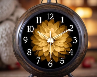 Vintage Round Silent Table Clock with Golden Flower Design – Decorative Analog Desk Clock for Home, Living Room & Bedroom Décure