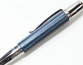 Purple and Blue dyed Plywood - Handmade Pen - in Stainless Steel Liberty style