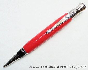 Handmade pen:  ROSE RED acrylic with Rhodium in Parker Duofold Style (ball point)