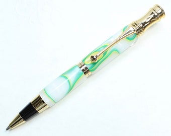 Hand made pen: RETRO Style acrylic Pen in KEY LIME (yellow, green, and white) acrylic with 24 kt gold trim (ball point)