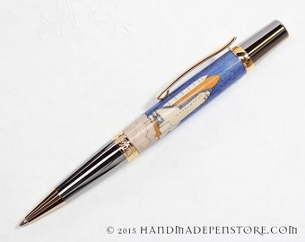 Handmade wood pen - Inlayed SPACE SHUTTLE and Black Titanium/Titanium Gold Ball-Point Pen in Elegant Sierra Style