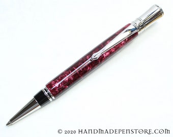 Handmade pen:  RED GRANITE acrylic Pen with Rhodium in Parker Duofold Style (ball point)