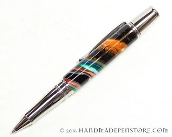 SUPERSTRATA (orange, black, green, yellow, white, and pink) Acrylic and Stainless Steel Handmade ballpoint pen in Liberty style