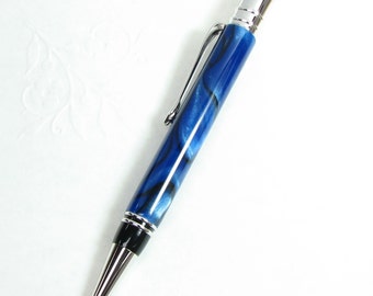 Twist Action Ball-Point Pen HANDMADE in Duofold Style - BLUE LAGOON acrylic and Rhodium