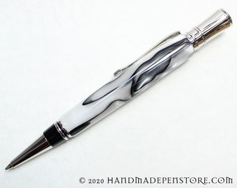 ALABASTER (white and black) acrylic pen with RHODIUM handmade in Parker Duofold Style - ball point