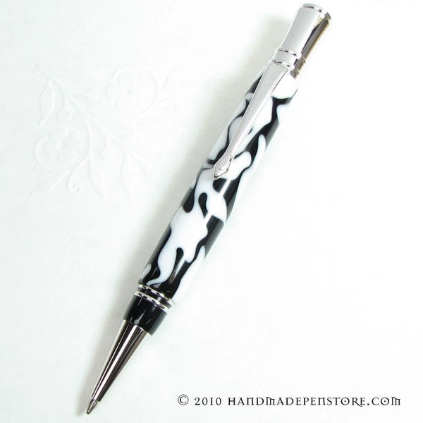 Lathe turned Ball-Point Pen in COWHIDE (black and white) acrylic and Rhodium