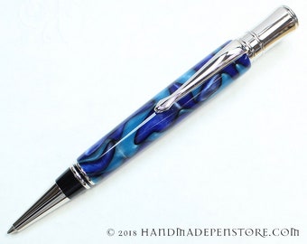 Parker Duofold Style - Handmade BLUE SEA acrylic pen with RHODIUM