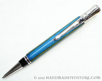 HANDMADE ball point pen - Blue Green Plywood with RHODIUM in Parker Duofold Style