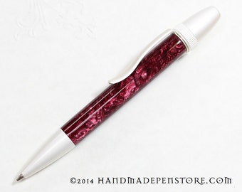 HANDMADE Polaris / Atlas Style Twist Ball-Point Pen in RED GRANITE acrylic and satin pearl
