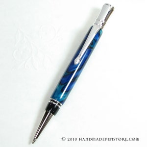 Lathe-turned Ball-Point Pen - Handmade in CARIBBEAN BLUE acrylic and Rhodium