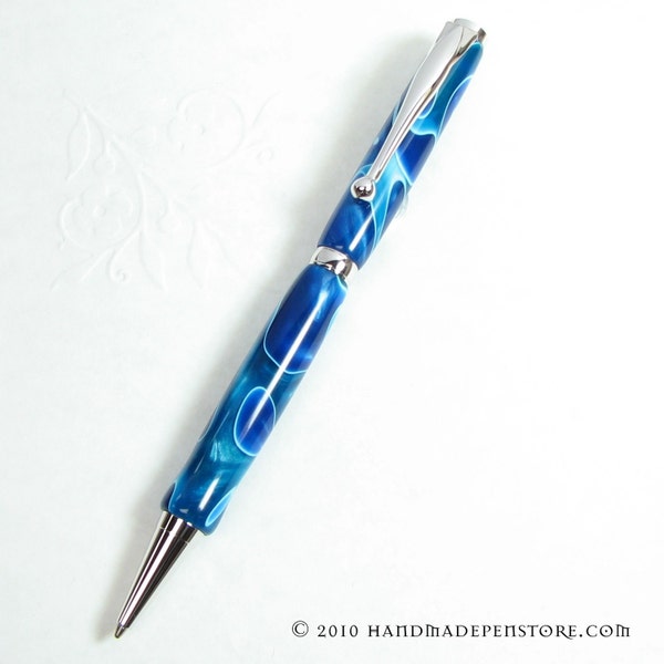 CROSS Style Twist Ball-Point Pen in WATER (Blue and White) Acrylic and RHODIUM