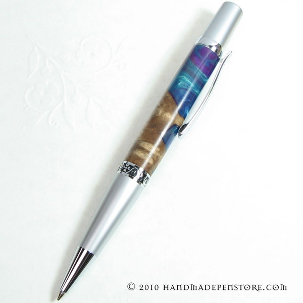 BURLED WOOD and Purple and Blue ACRYLIC Ball-Point Pen in Elegant Sierra / Wall St. / Banker Style