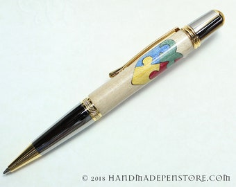 AUTISM AWARENESS HEART wood pen (#3) - wood inlayed in Black Titanium/Titanium Gold Sierra style pen