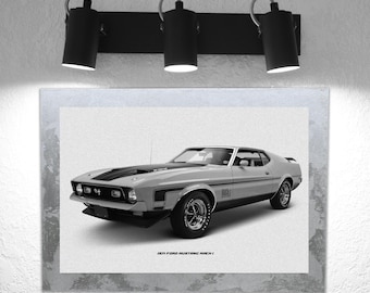 1971 Ford Mustang Mach 1 Print on Metal - Handmade Wood Frame (10x14 inches)