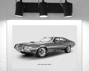 1972 Ford Gran Torino Print on Metal: Handmade Wood Frame (10x14 inches)
