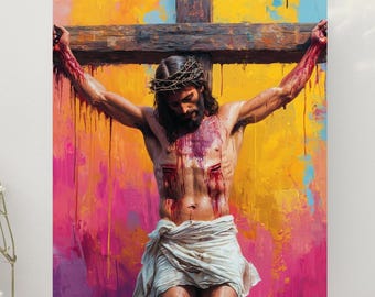 Jesús en la cruz, arte mural cristiano, obra bíblica, pasión de Jesús, Jesús el Salvador, pintura cristiana, imagen de Jesús