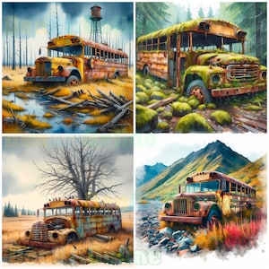 Autobús abandonado, acuarela de alta calidad 55 JPG, autobuses viejos oxidados, autobús olvidado, imágenes imprimibles, descarga digital, autobús amarillo