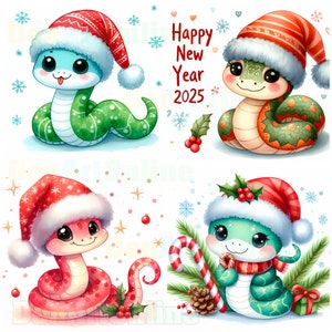 Cliparts fofos de cobras de Natal em aquarela, 33 imagens de cobras de Natal em JPG, imagens do ano da cobra 2025, ilustração de cobra, cobra 2025
