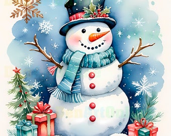 Vintage Snowman Clipart: Watercolor Christmas JPGs (Digital Download)
