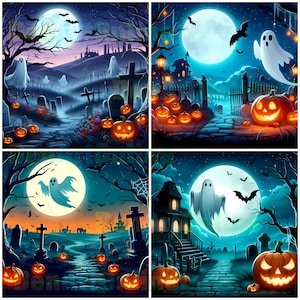 Halloween Haunted Scenery Clipart: Spooky Ghosts & Pumpkins (JPG Digital Download)