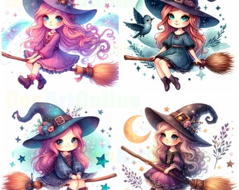 Schattige Kawaii heks clipart, mystieke aquarelkunst (digitale download)