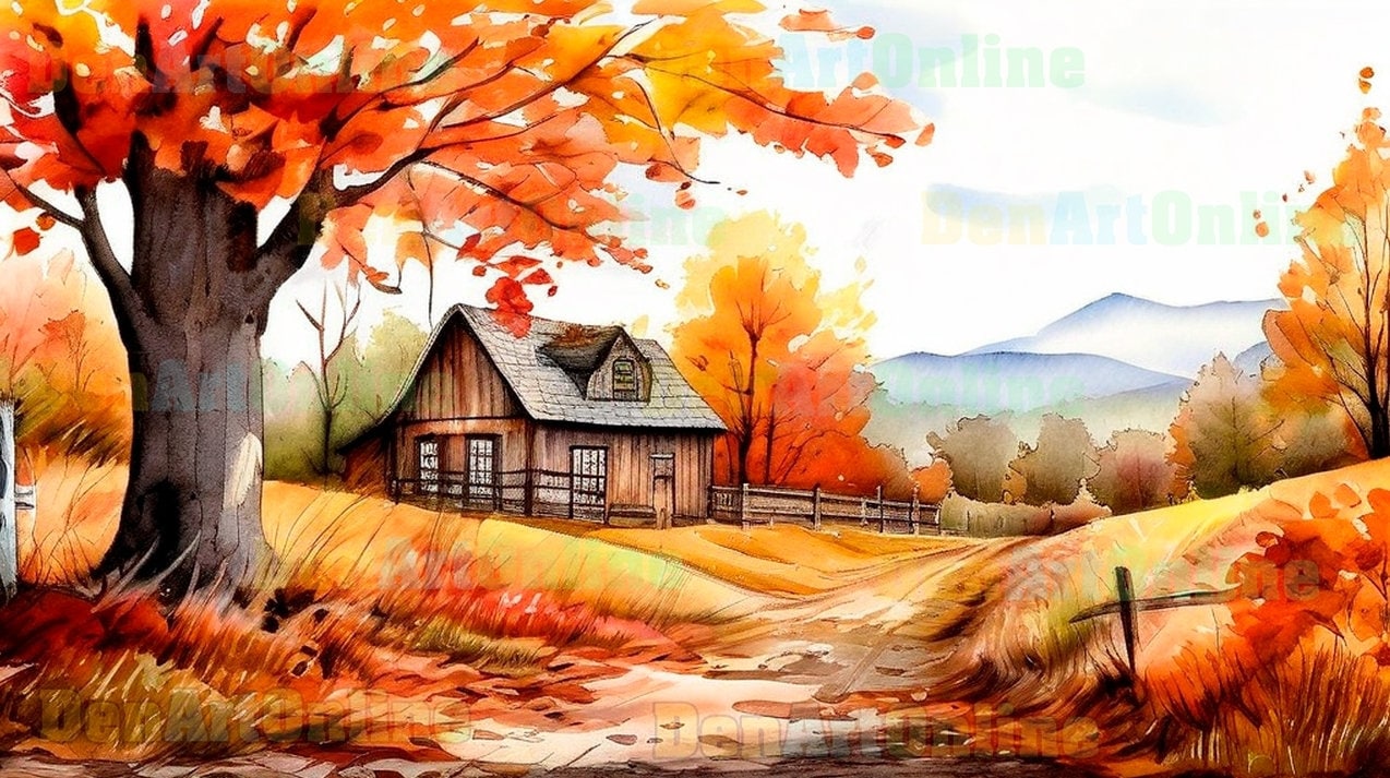 水彩画の秋の風景画：素朴な秋の風景（JPG 27 枚） - Etsy 日本