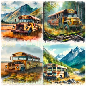 75 Autobuses escolares abandonados y oxidados, imágenes prediseñadas imprimibles en acuarela en formato JPG, autobuses escolares abandonados en el bosque, autobuses escolares oxidados, autobuses escolares olvidados
