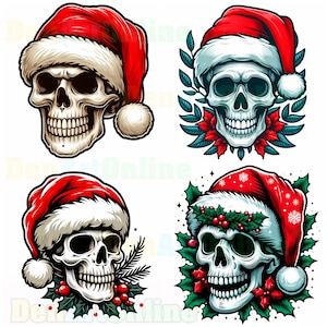 Natal Skull Clipart, 14 Skull JPG, Chapéu de Papai Noel, Arte de Natal, Clipart de feriado, Chapéu de Papai Noel esqueleto, Design de inverno de Natal, Feliz Ano Novo