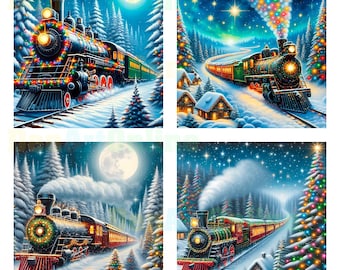 Christmas Train Art: Holiday Clipart, Scrapbooking Images (Digital Download)