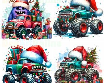 Watercolor Christmas Monster Truck Clipart Bundle (Digital Download)