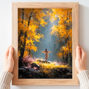 Jesus Christus im Herbstwald, christliche Wandkunst, Herbstsaison Bibeldruck, spirituelle Jesus Malerei