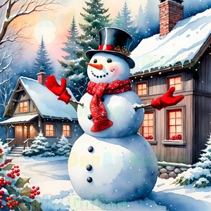 7 Vintage Snowman in Winter Scenery Clipart, Cute Snowman, High Quality JPGs, Winter Holidays, Christmas, Digital download, Commercial Use