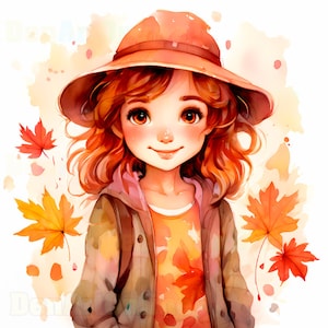 Aquarell Herbst Mädchen Clipart: Herbst Dekor (JPG Digital Download)