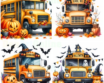 Imágenes prediseñadas de autobús escolar de Halloween, imágenes otoñales espeluznantes (paquete JPG)