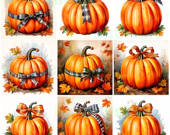 Watercolor Pumpkin & Bow Clipart: Coquette Autumn Decor (JPG)