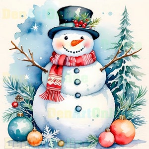 Watercolor Christmas Snowman, Vintage Snowman Clipart Bundle 11 High Quality Watercolor JPG Winter Holidays, Commercial use, Paper craft