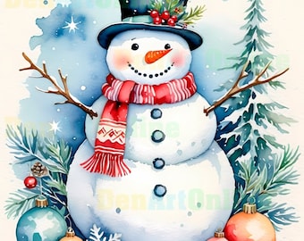Vintage Christmas Snowman Clipart: Watercolor Winter Holiday JPG Bundle
