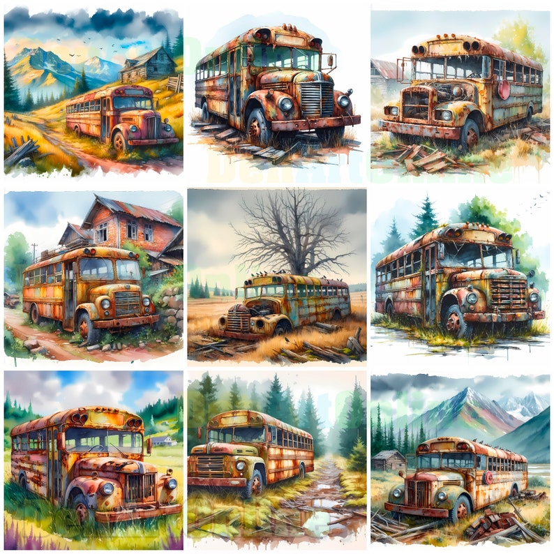 Abandoned Bus Clipart, High Quality Watercolor 55 JPG, Old Rusty Buses ...