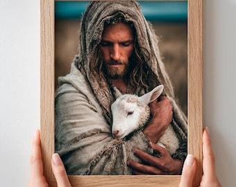 Jesus The Good Shepherd, Jesus Holding Lamb In Arms, Christian Wall Art, Bible Print Lost Sheep, Faith Digital Download, LDS Art