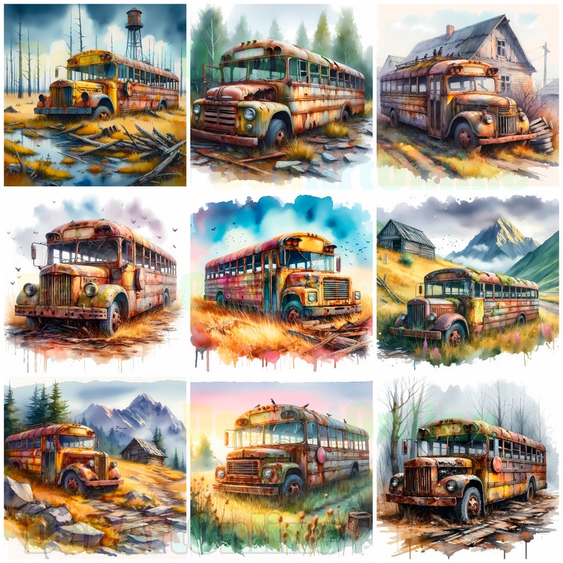 Abandoned Bus Clipart, High Quality Watercolor 55 JPG, Old Rusty Buses ...