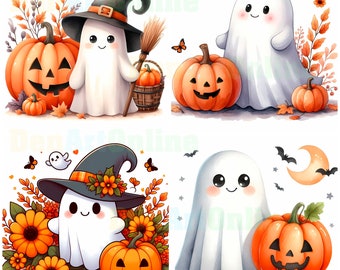 22 Watercolor Cute Ghost Clipart, Halloween Clipart JPG Bundle, Fall pumpkins, Autumn pumpkin, Halloween images, Autumn Sublimation Design