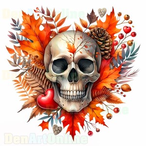L'automne des têtes de mort 27 fichiers JPEG haute qualité, lot d'halloween, tête de mort avec des feuilles, saison fantasmagorique, crâne d'automne esthétique, coeur de crâne d'Halloween