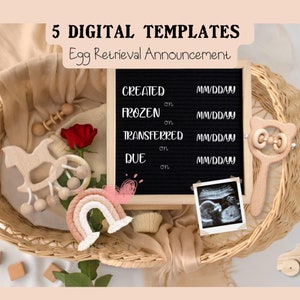 Plantilla de tablero de cartas de recuperación de óvulos de FIV digital con anuncio de bebé editable para redes sociales Idea de regalo de infertilidad de FIV de Rainbow Baby DIY