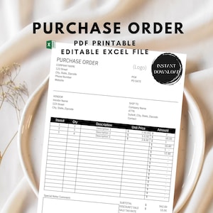 Puede incluir: Una plantilla de orden de compra en blanco y negro con las palabras "ORDEN DE COMPRA" en una fuente grande en la parte superior. La plantilla incluye campos para el nombre de la empresa, la dirección, el número de teléfono, el sitio web, el nombre del proveedor, la dirección, el nombre del destinatario, la dirección, el número de artículo, la cantidad, la descripción, el precio unitario y el importe. La plantilla también incluye campos para el subtotal, el descuento, el tipo de impuesto de ventas, el importe del impuesto de ventas y el envío.